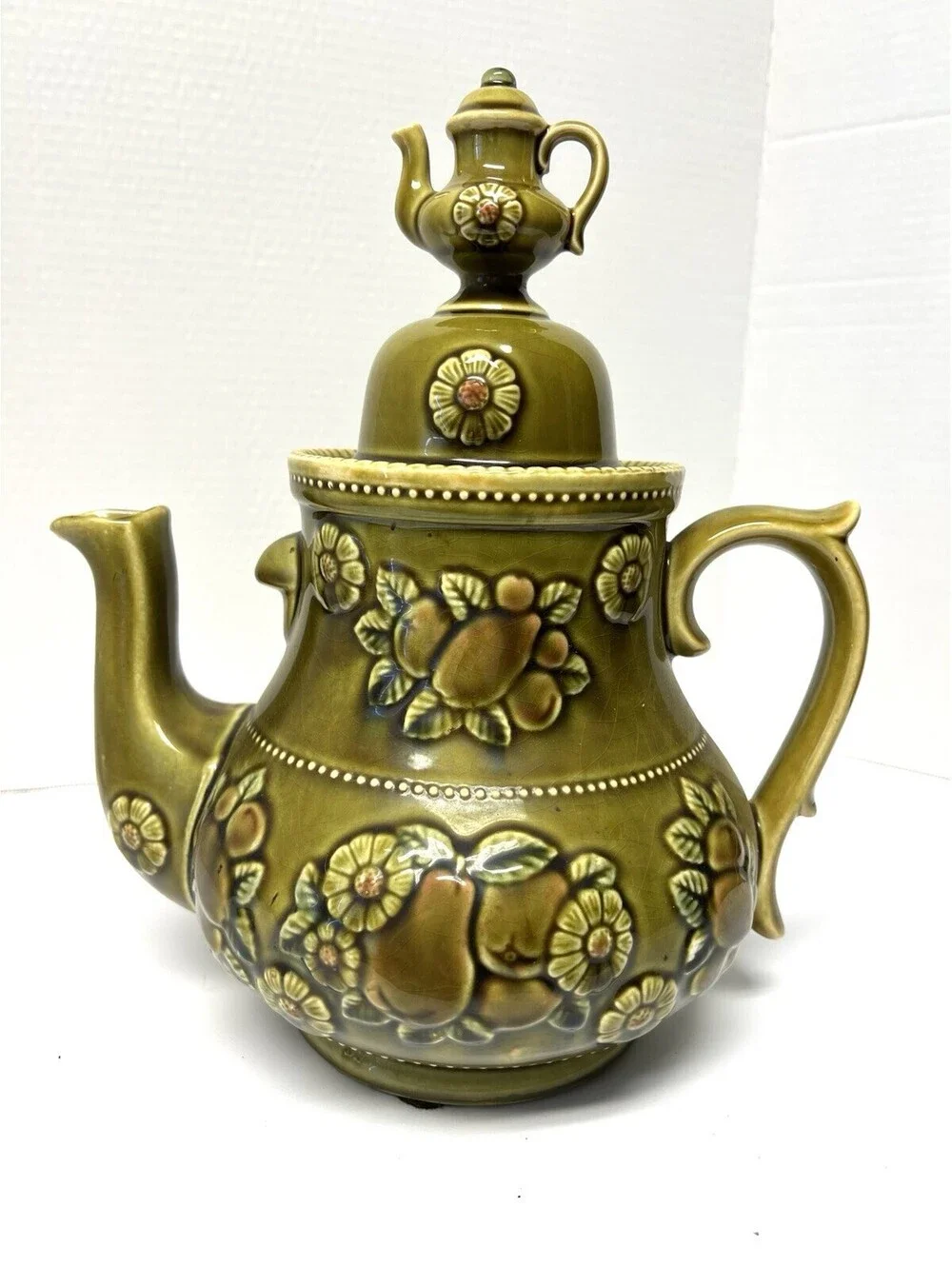 Vintage Apco Japan 60's Retro MCM Teapot Cookie Jar Canister Olive Green